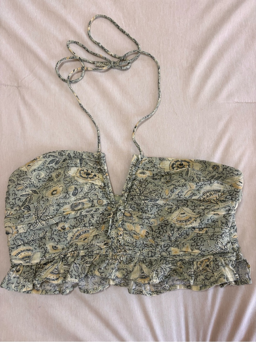 Zara Sage Green Paisley Ruffled Bandeau Halter Top
